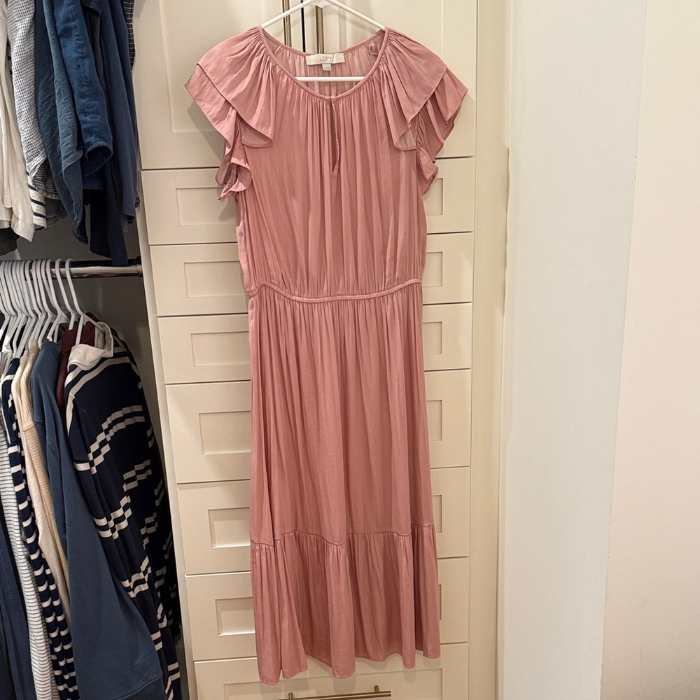 LOFT Blush Pink Midi Dress with Ruffle Sleeves
